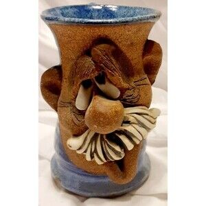 Vintage Ugly Funny Face Decorative Blue Pottery Mug 5”Tall Signed Handmade
